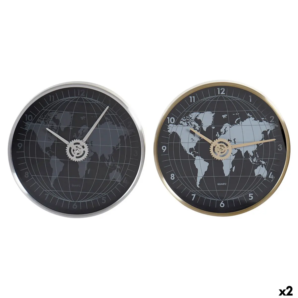 Wall Clock Dkd Home Decor Black Golden Silver Aluminium Crystal World Map 30 X 4,3 X 30 Cm (2 Units) 1