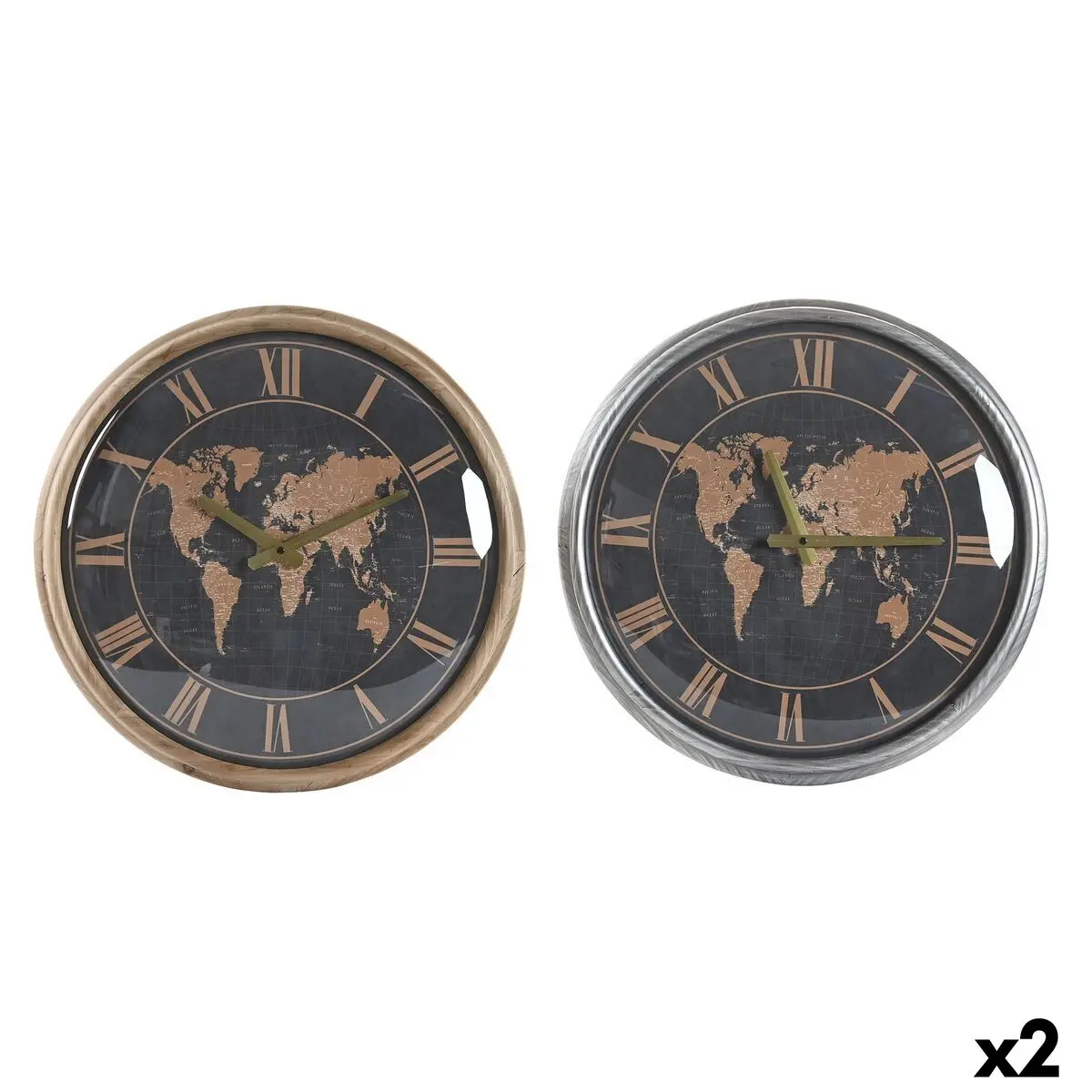 Wall Clock Dkd Home Decor 46 X 6,5 X 46 Cm Crystal Silver Black Golden Brown Iron World Map (2 Units) 1