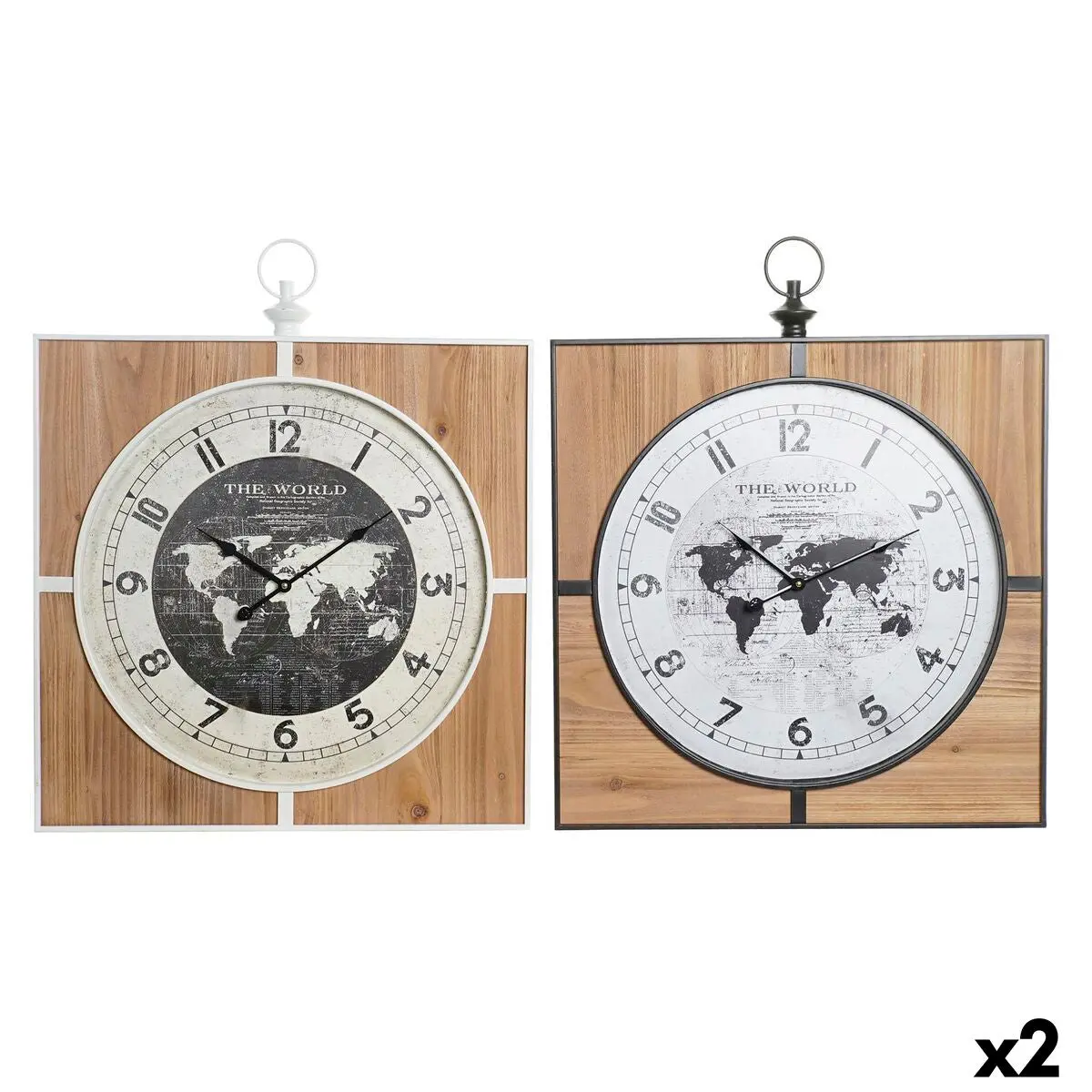 Wall Clock Dkd Home Decor Black White Iron Vintage 60 X 4,5 X 60 Cm Mdf Wood World Map (2 Units) 1