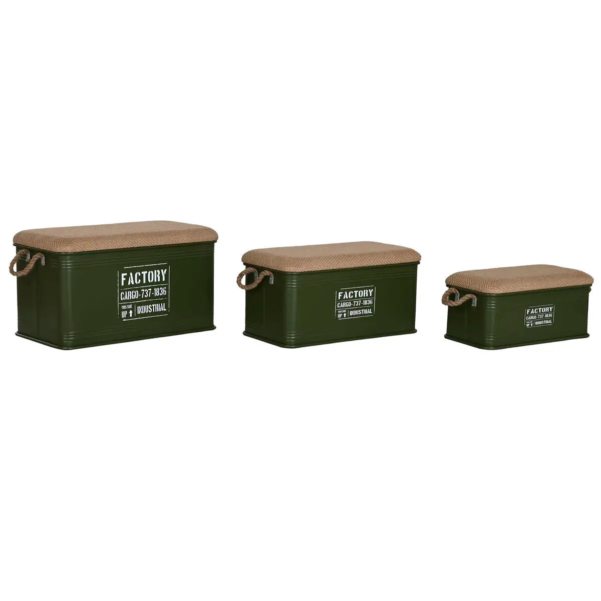 Set Of Chests Home Esprit Dark Green Natural Metal Rope Fibre 69 X 37 X 37,5 Cm (3 Units) 1