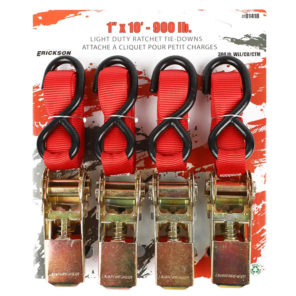 (4) 1"X10' 900 Lb Ratcheting Tie Down Straps Red 1