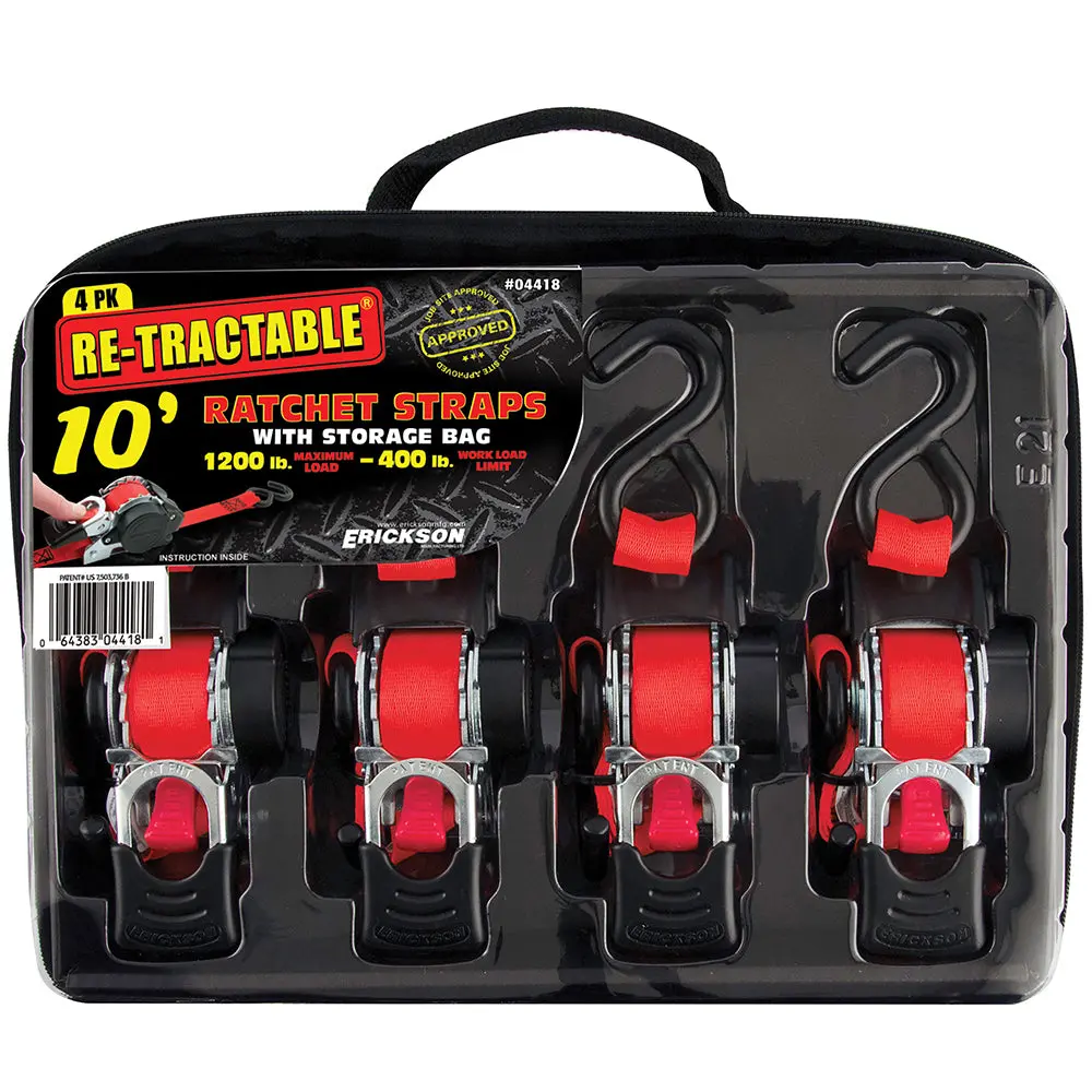 (4) 1" X 10' 1200 Lb Re-Tractable Ratchet Strap In A Bag - Red 1