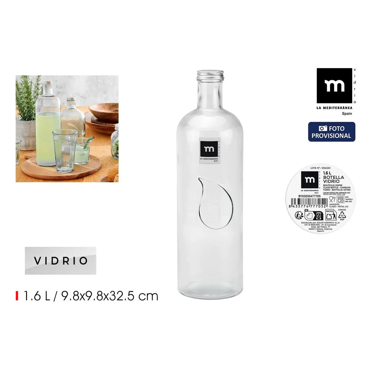 Glass Bottle La Mediterránea Metal Glass 1,6 L (12 Units) 2