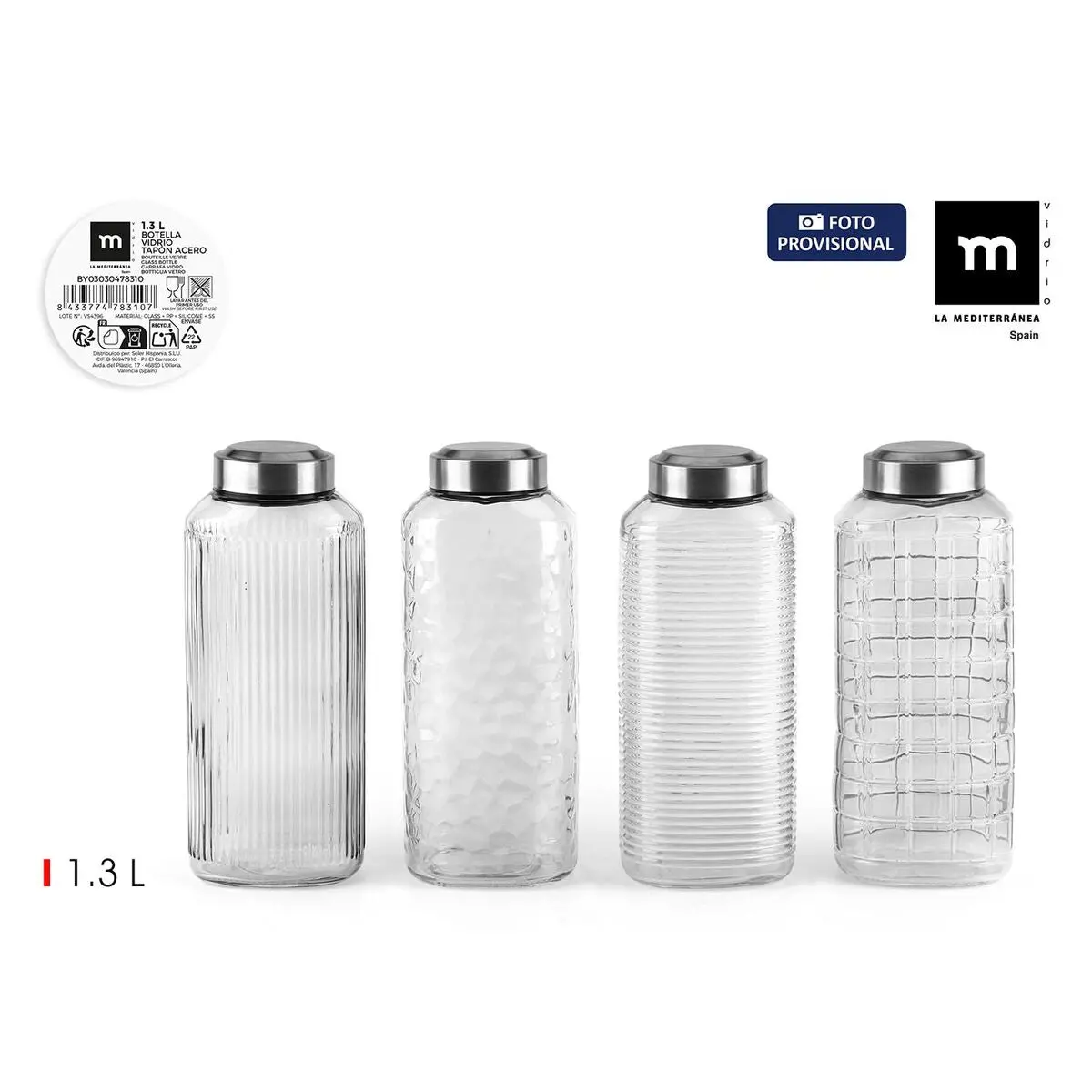 Glass Bottle La Mediterránea Glass Steel 1,3 L (12 Units) 2