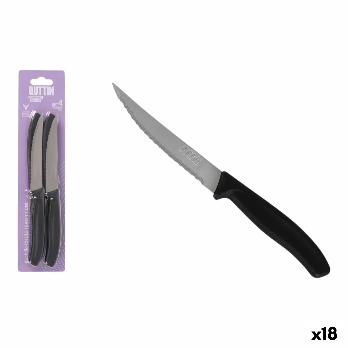 Meat Knife Set Quttin Black Silver Stainless Steel 11 Cm 4 Pieces (18 Units) 1