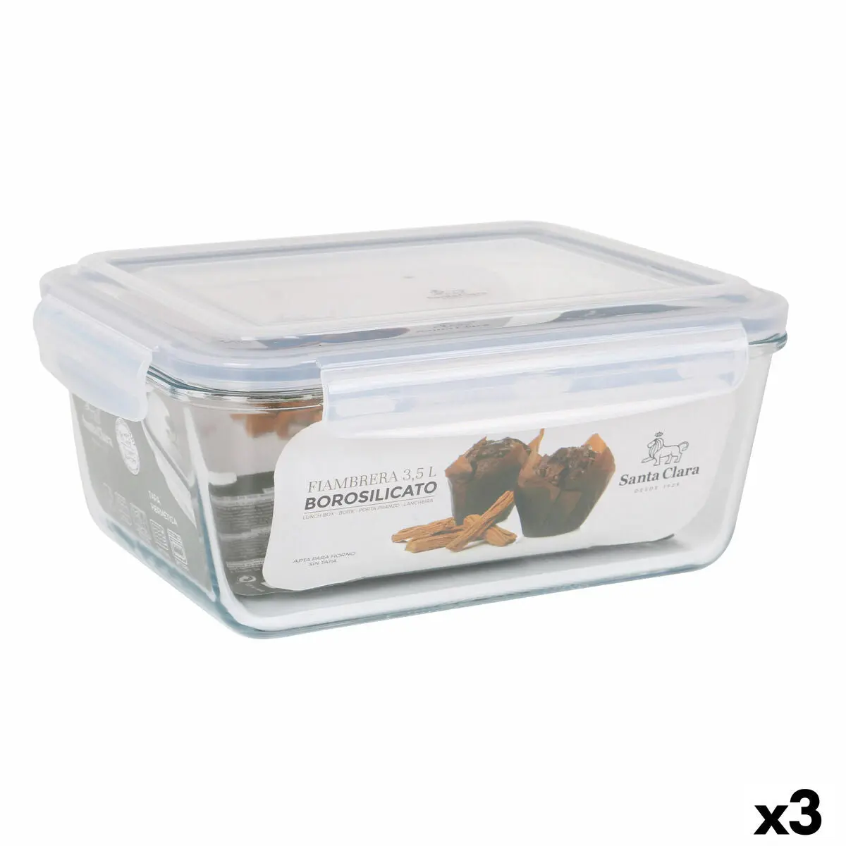 Hermetic Lunch Box Santa Clara Transparent Rectangular 3,5 L (3 Units) 1